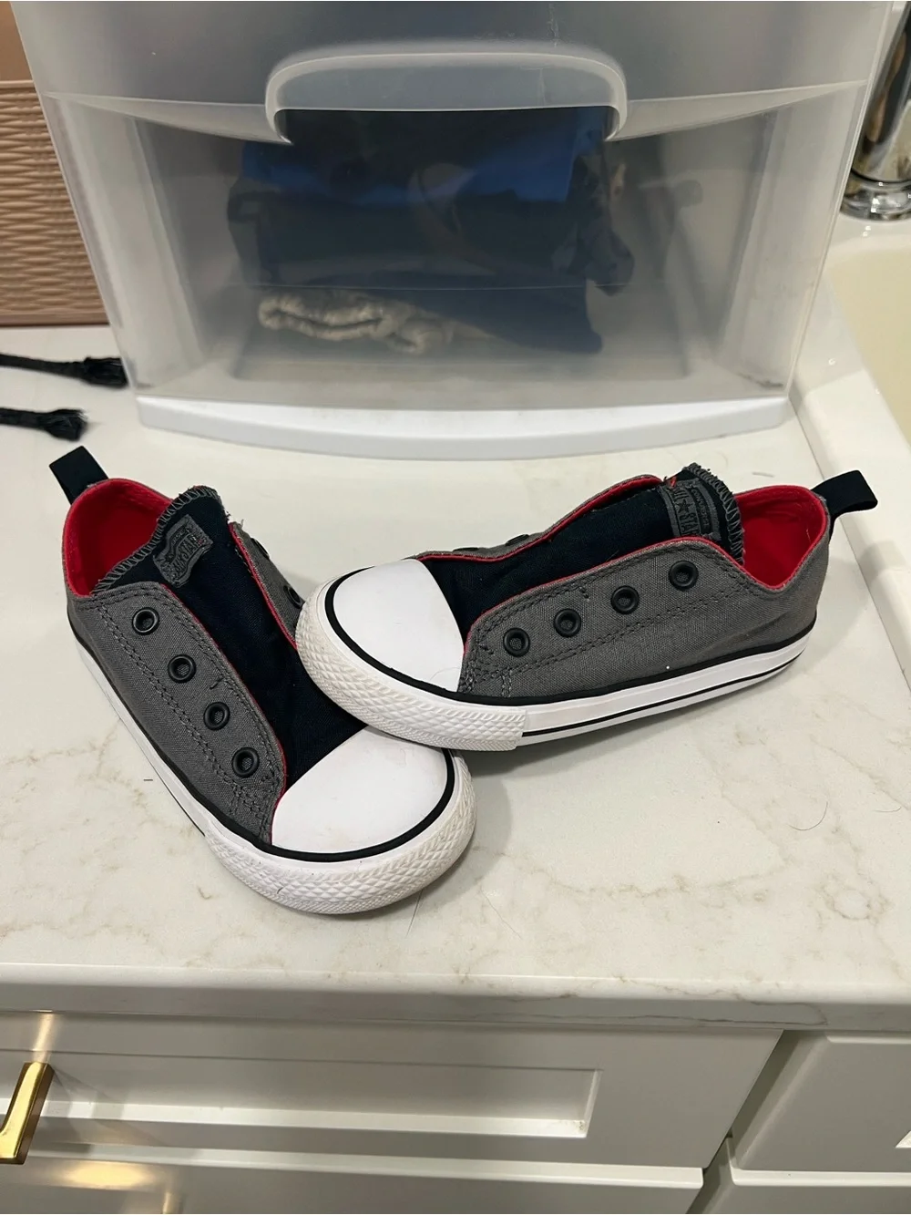 Converse Kids Grey & Black Slip-On Canvas Sneakers with Red Lining